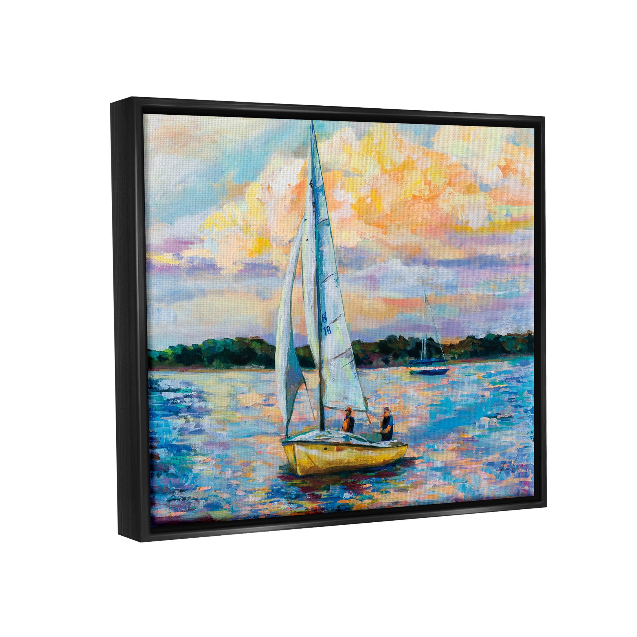 Stupell Industries Vivid Nautical Sailboat Landscape Painting Jet Black Floating Framed Canvas Print Wall Art, Design by Jeanette Vertentes