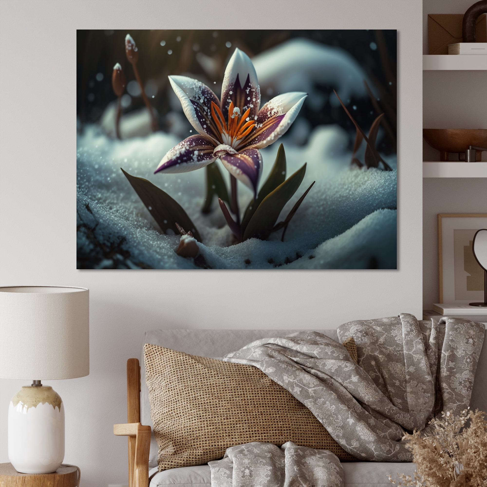 Designart A Blooming White And Purple Lily Flower In Winter I Canvas Wall Art