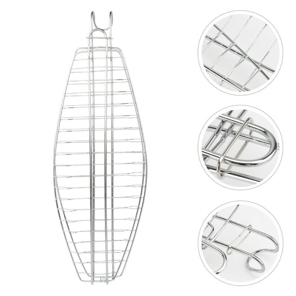 Sparsain Fish Basket with Hook Non-Stick Mesh Grilled Fish BBQ Grilling Basket Outdoor Barbecue Tool (Silver 44 x 15cm)