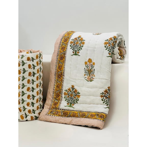 Handmade Cotton Quilt | Soft Quilted Blanket | Block Print Bed Cover | Cottagecore Bedding | Sustainable Home Décor(HBQURQ1017)