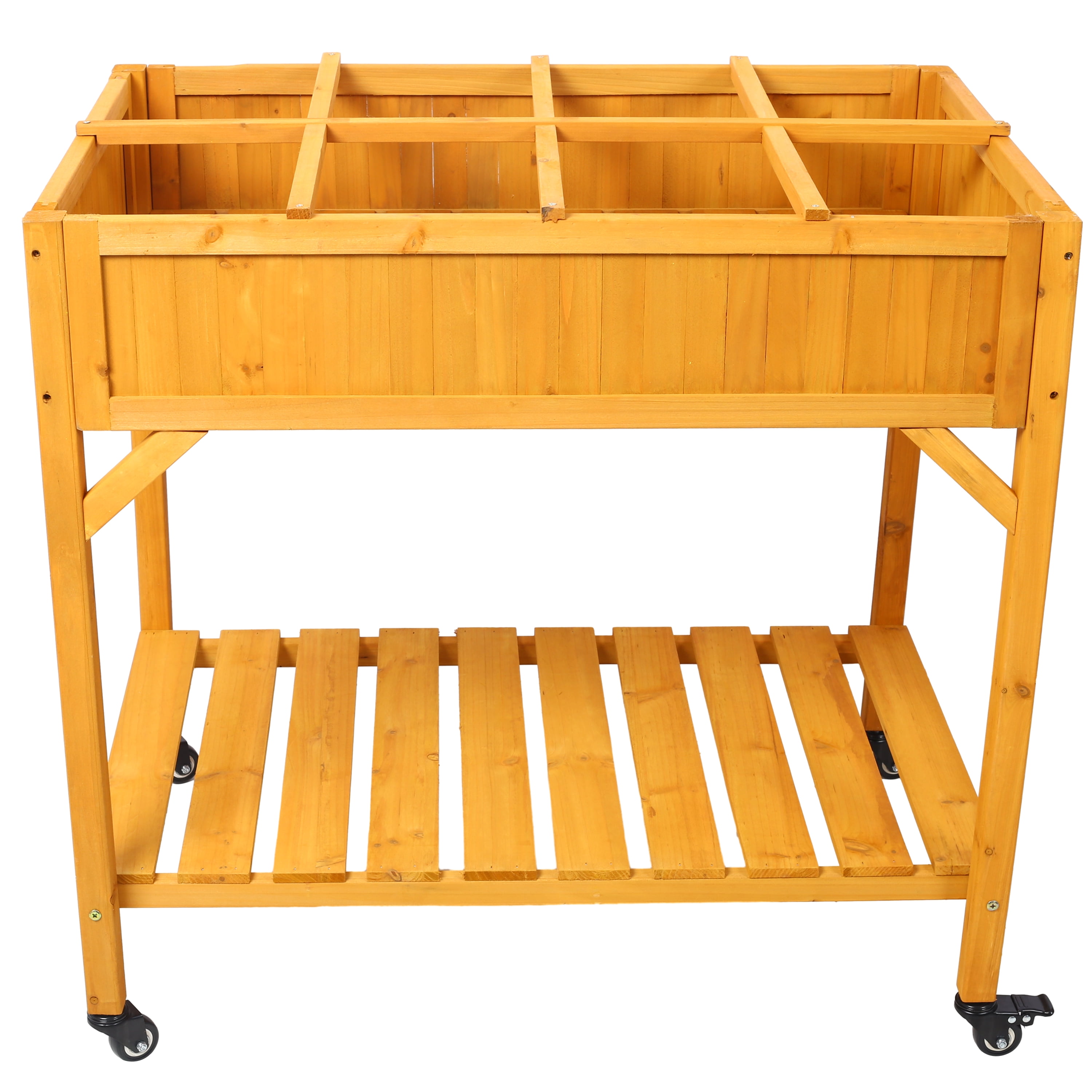 Elevated 8 Pocket Herb Garden Bed Mobile Raised Wooden Planter w/ Lockable Wheels Storage Shelf Fir Wood Material 36" x 24.25" x 34.625"