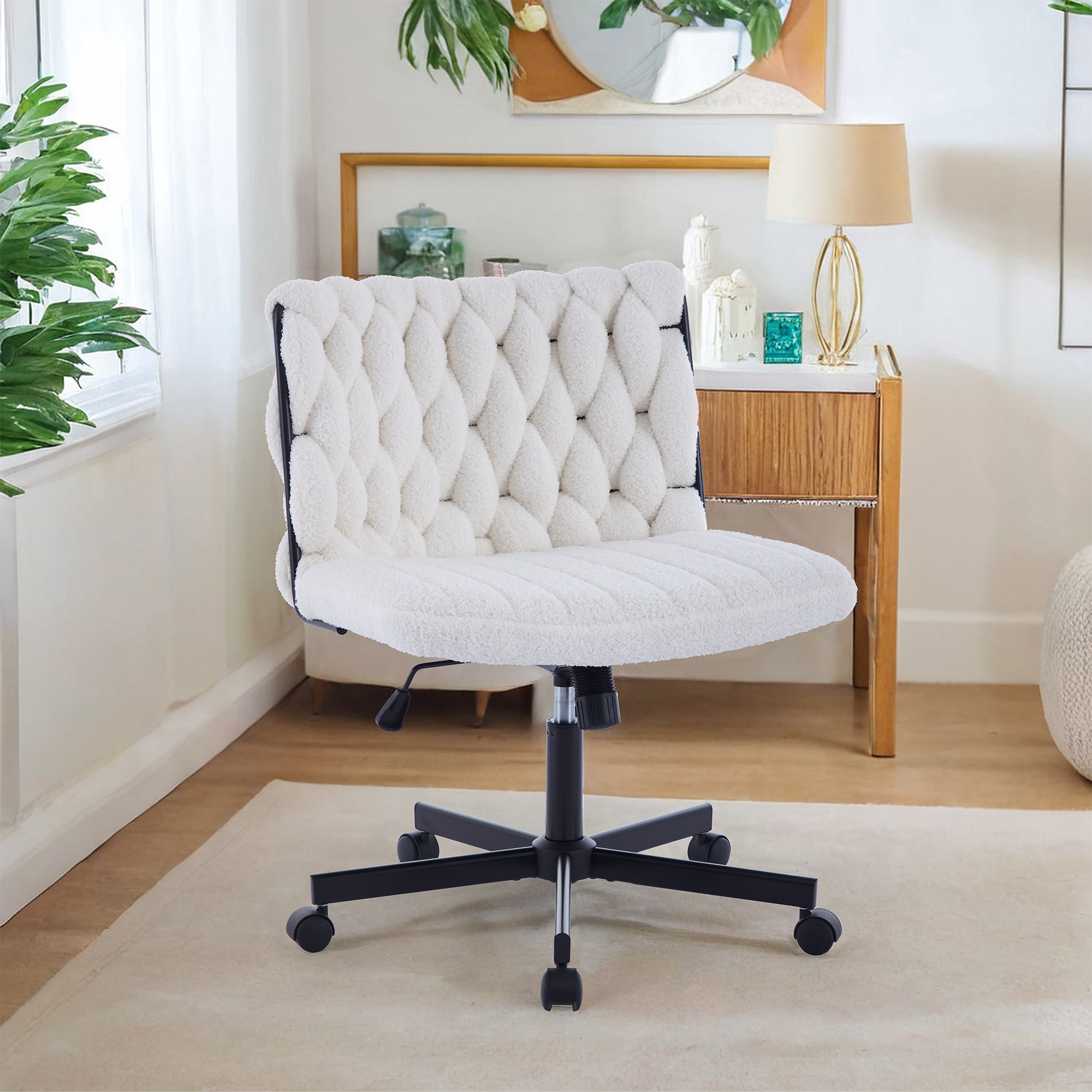 Modern Criss Cross Chair, Extra Wide Office Chair with Adjustable Height and 360° Swivel Casters, Ergonomic Swivel Cozy Desk Chair for Home Office Work - 300lbs Capacity