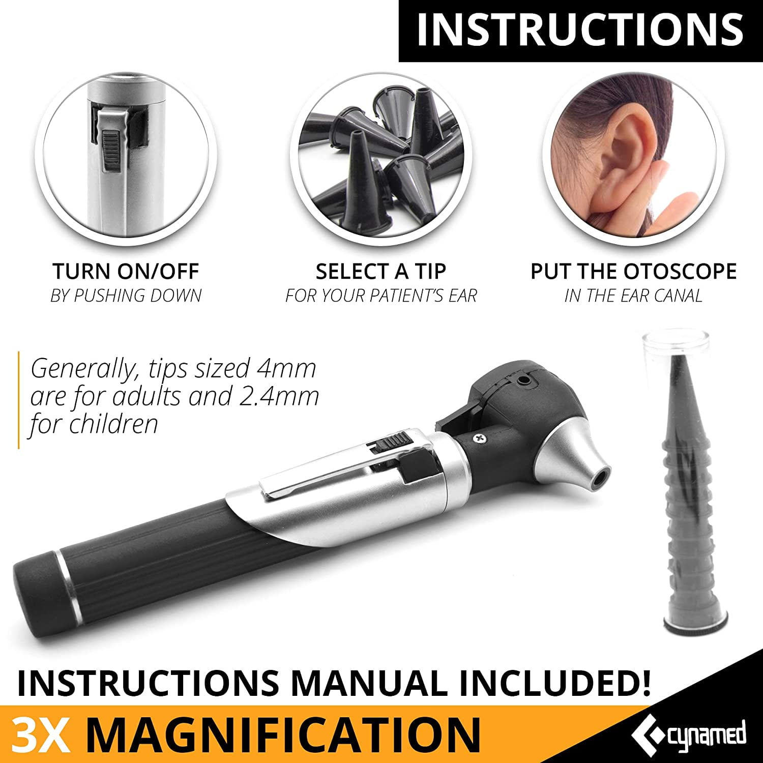 Cynamed Mini Otoscope - Portable Ear Light and Exam Kit for Home and Professional Use - 4X Magnifying Fiber Optic Scope with Spare Tips, Bulb, and Carrying Case - Pocket Diagnostic Equipment (Black)