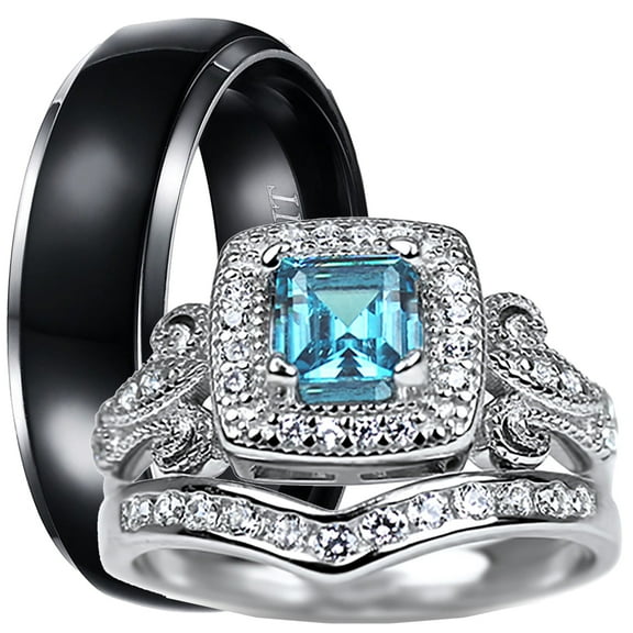 LaRaso & Co Trio His Hers Blue Topaz CZ Silver Wedding Engagement Ring Set for Her Titanium for Him
