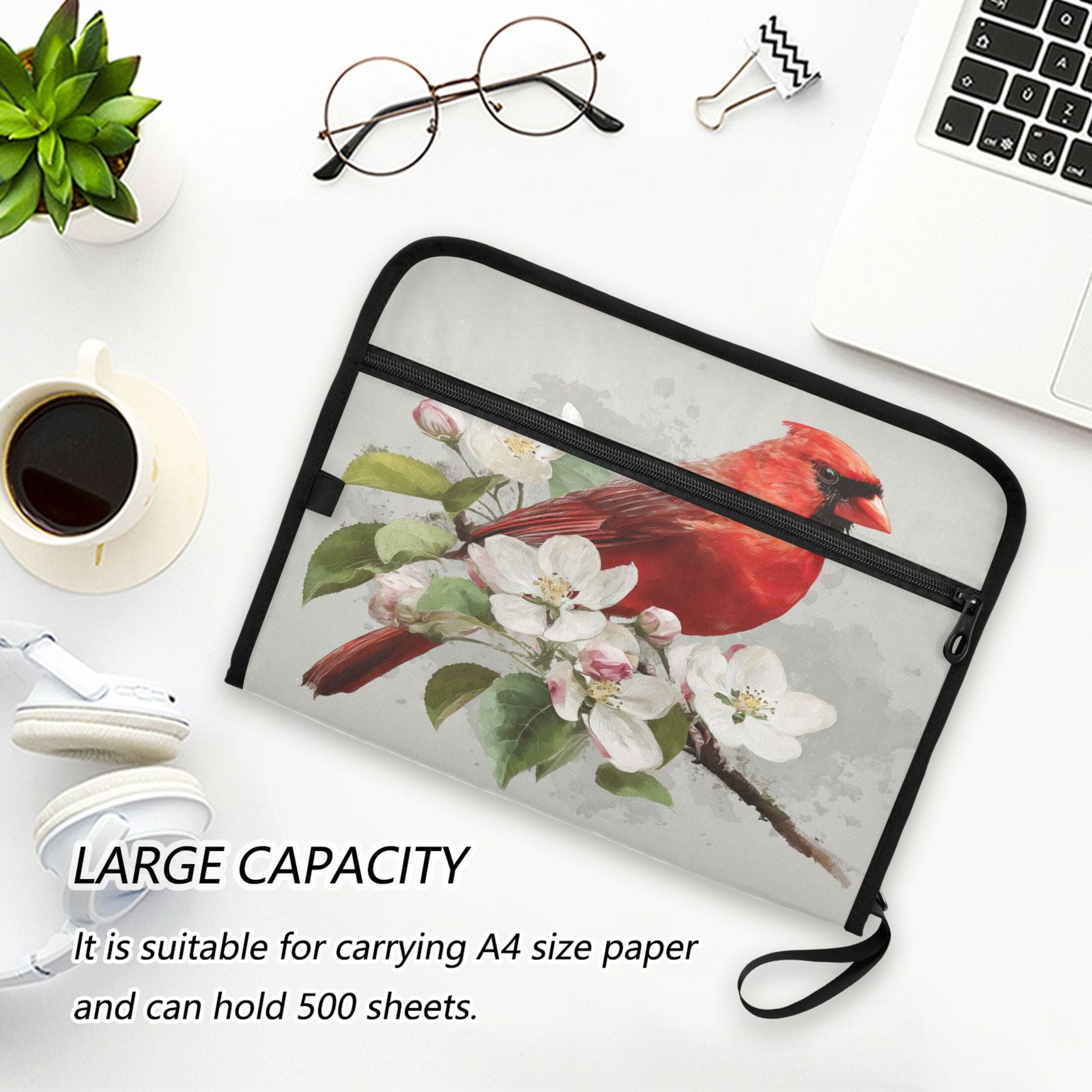 Accordion File Organizer with Zip Closure 13 Pockets Expanding File Folder Letter A4 Paper Document Organizer for Home Office Beautiful Red Bird