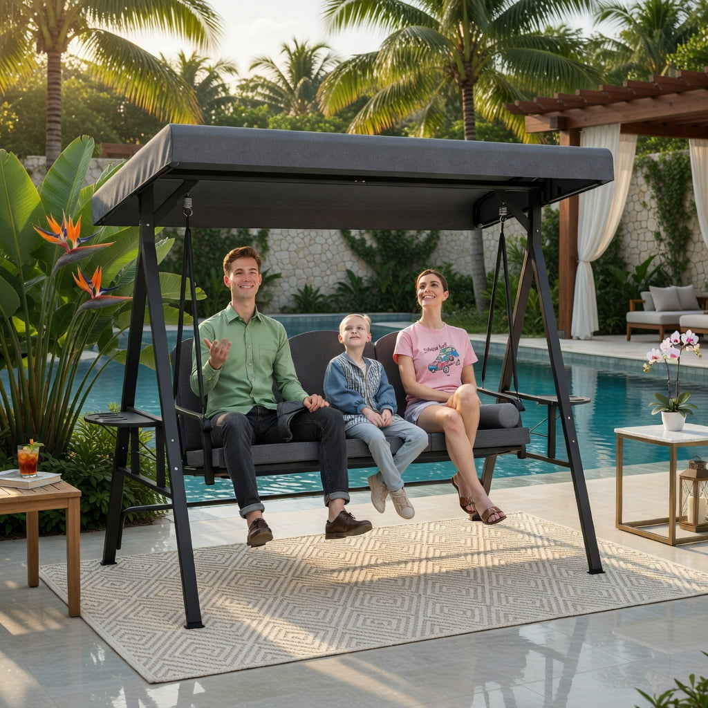 Hommoo 3-Person Outdoor Patio Swing Chair with Adjustable 60° Canopy, Thick Cushions, Foldable Side Trays & Heavy-Duty Steel Frame, Gray