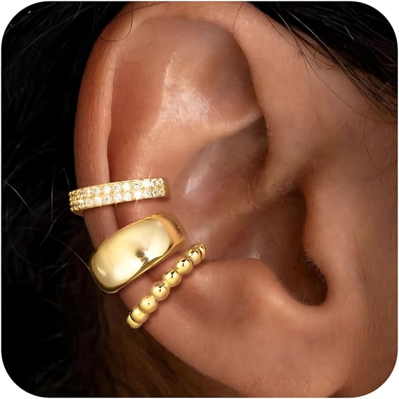 DESIGNICE 2026 New Cuffs Earrings for Women Non Pierced Earrings,Clip on Cartilage Earrings Dainty 14K Gold Plated Cubic Zirconia Huggie Hoop Earring for Women Trendy Jewelry Set 3Pcs