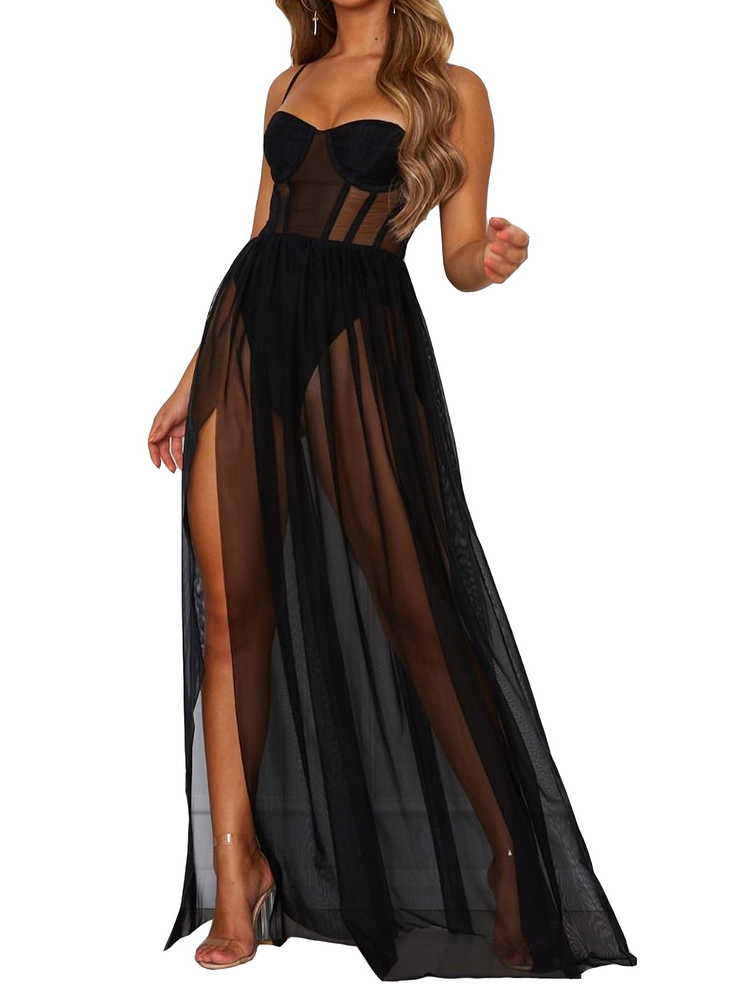 Multitrust Women See Through Mesh Lace High Split Sheer Night Club Maxi Dress