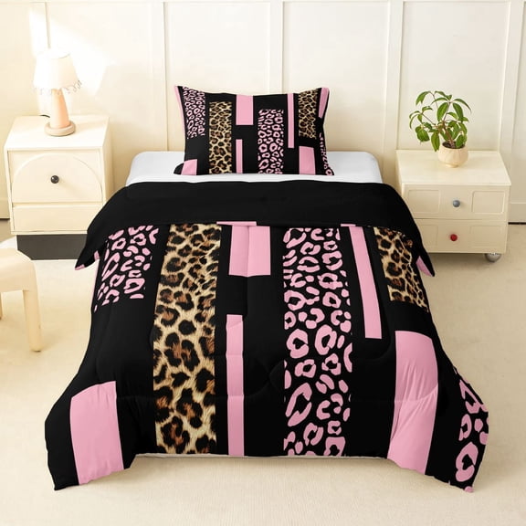 Erosebridal Pink Cheetah Print Twin Comforter Sets for Kids, Leopard Animal Bedding Set, Black Reverisble, 2pcs