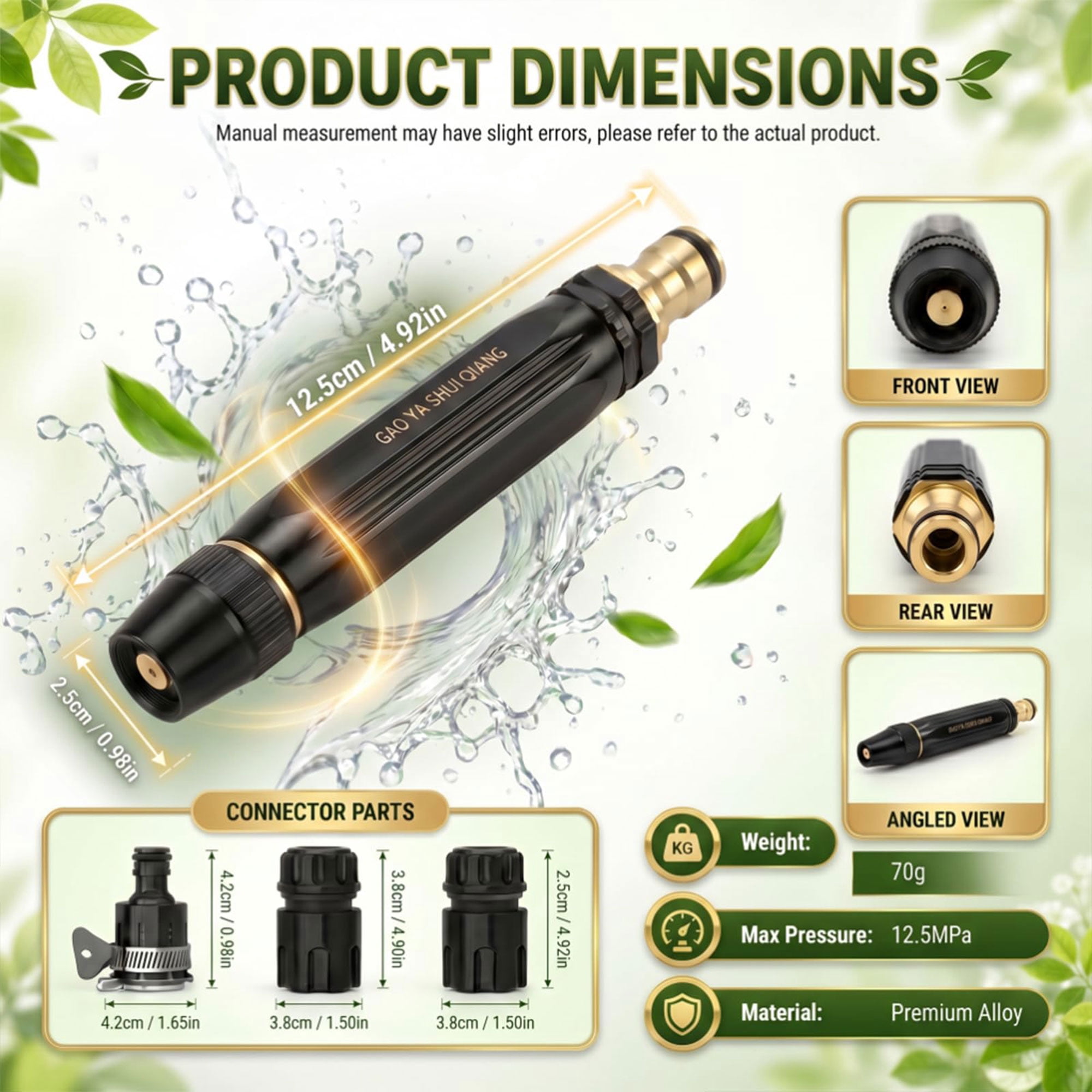 Gropething Power Washer Hose Nozzle for 1/2‘’ ID Hose Only, 3 Spray Modes Jet Spray Wand with Quick Connectors and Water Tape for Car, Patio, Window, Yard and Garden Cleaning