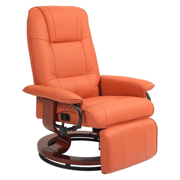 Faux Leather Manual Recliner, Adjustable Swivel Lounge Chair with Footrest, Armrest and Wrapped Wood Base for Living Room, Orange