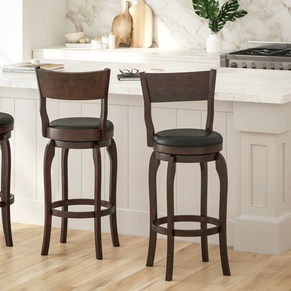Merrick Lane 30" Espresso Classic Wooden Open Back Swivel Bar Height Pub Stool with Black Faux Leather Padded Seat and Integrated Footrest