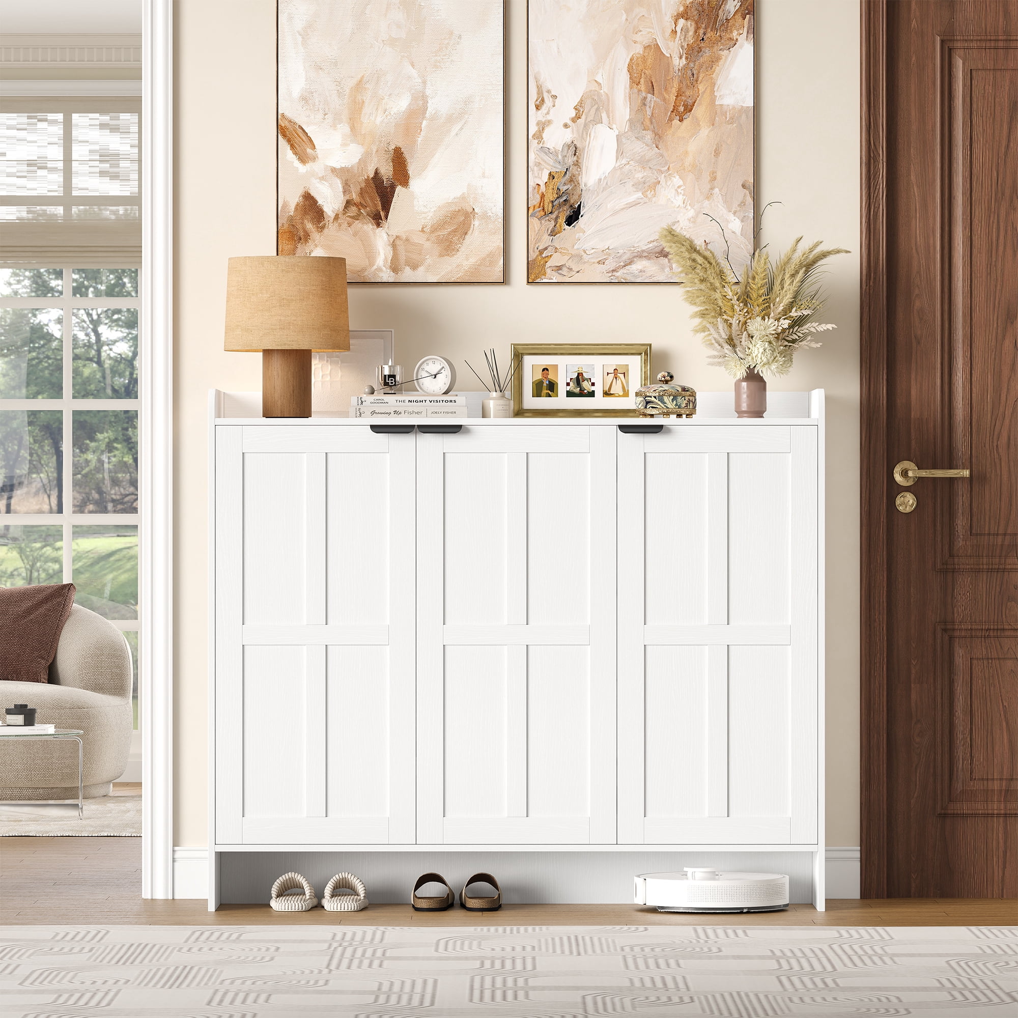 Hiphuta 48" Wide 6-Tier Shoe Cabinet with 4 Adjustable Shelves, Holds Up to 35 Pairs, Farmhouse Wood Grain Shoe Rack Organizer with 3 Doors and Table Top, White
