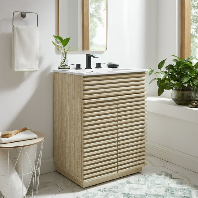 Modway Render 24" Faux Travertine Bathroom Vanity With Sink in White