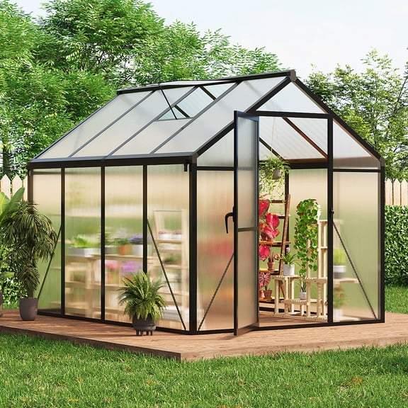 6x8 FT Easy Assembly Aluminum Polycarbonate Greenhouse, equipped with roof vent and ground nails, durable outdoor planting shelter for backyard garden use in black frame