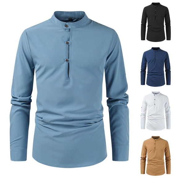 Hinvhai Men's Casual Shirt Long Sleeve Mandarin Collar Button-Down Shirt Slim Fit White 8(XL)