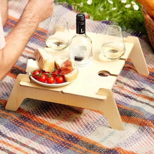 Mesa de picnic plegable de madera con soporte para copas, escritorio plegable redondo para copas de vino, bandeja para aperitivos para fiestas