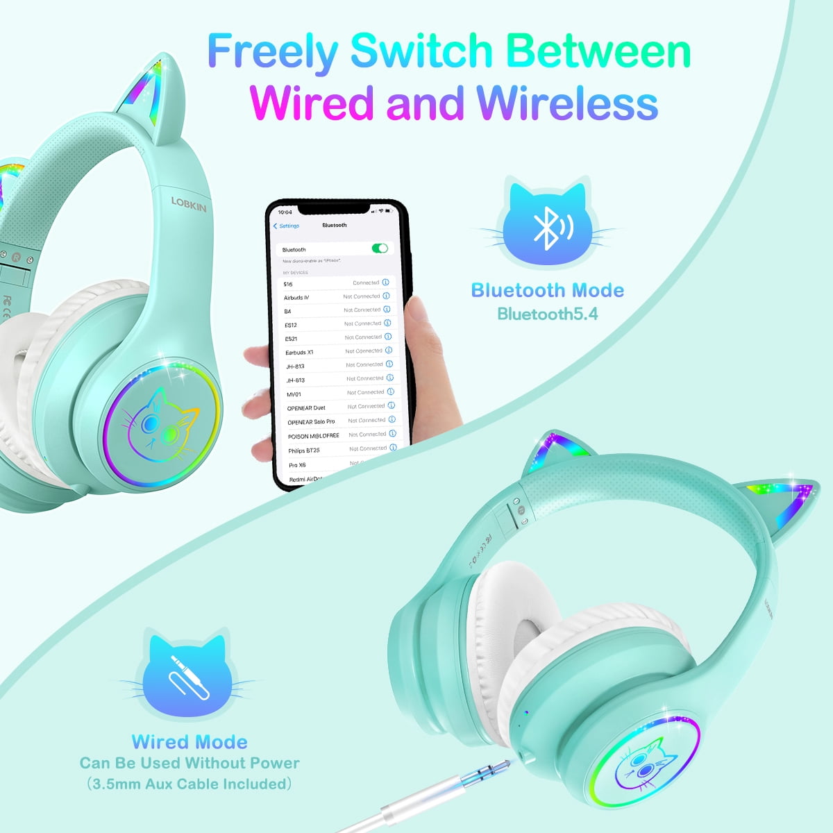 LOBKIN Kids Bluetooth Headphones Safe Listening for Girls, Boys, Children with 94dB Volume-Limiting, Wireless Headphones for School, Tablet, Green