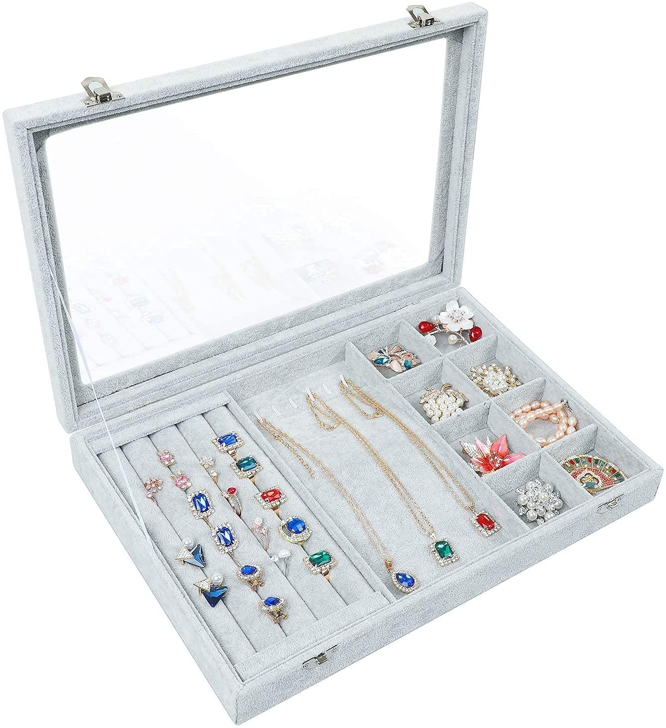 Fuchsia Faux Velvet Multiple Compartment Jewelry Organizer Box Storage Lock Key 