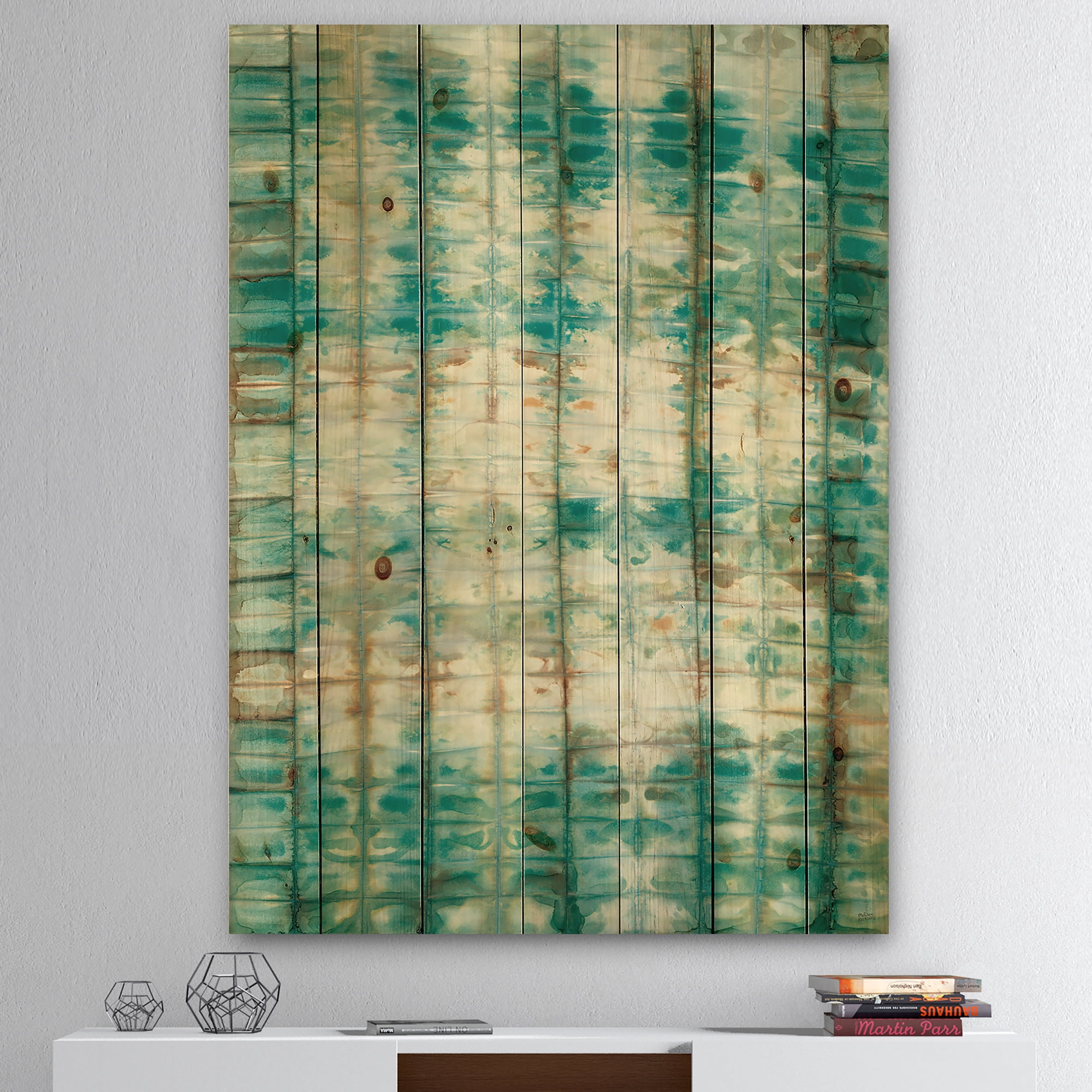 Designart 'Blue diamonds minimal geometric II' Transitional Print on Natural Pine Wood