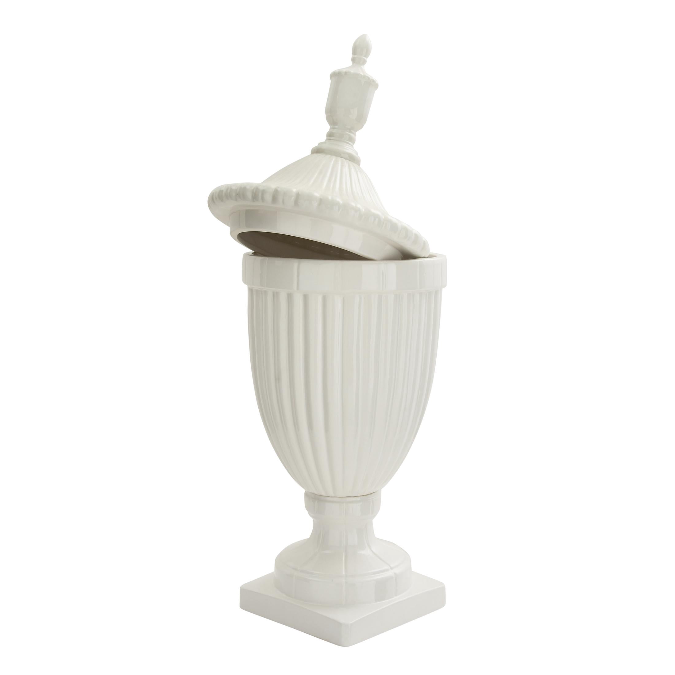DecMode 12" x 32" White Ceramic Tall Fluted Urn Decorative Jars with Grooves and Lid, 1-Piece