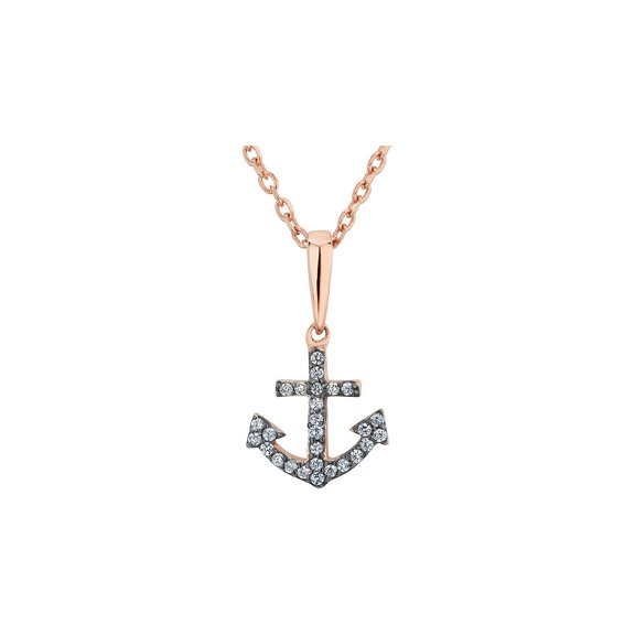 Created White Topaz Anchor Pendant Necklace in Sterling Silver with Rose Gold Plating with Chain for Women