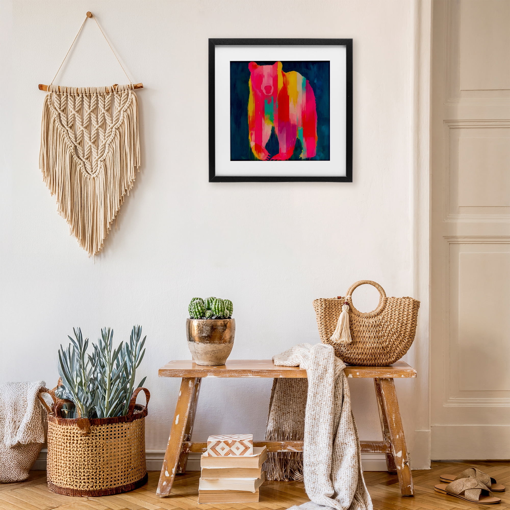Stupell Industries Pink & Yellow Bear Standing Tall Black Framed Print Under Glass, design by Chromatic Storm Studio