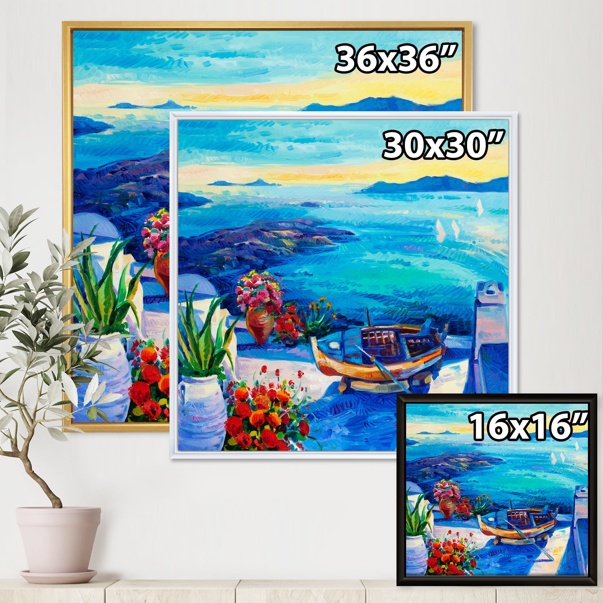 Little Red Flowers With Sea View 16 in x 16 in Framed Painting Canvas Art Print, by Designart