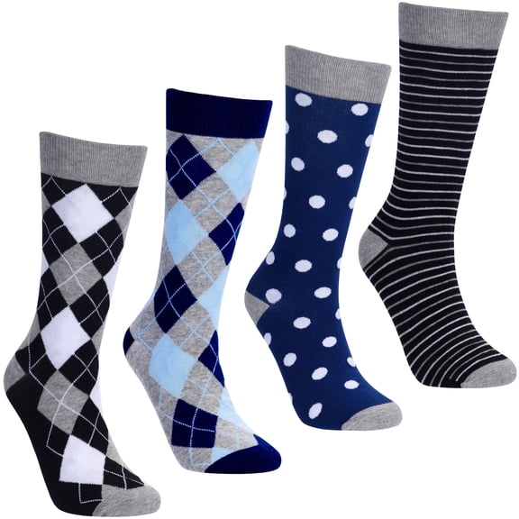 No Cold Feet Fun Colorful Novelty Dress Socks for Men, 4 Pairs of Blue and Black Socks, Men's Size 8-13, Crew Socks