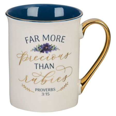 

Christian Art Gifts Ceramic Coffee & Tea Mug for Women: More Precious than Rubies - Proverbs 3:15 Inspirational Bible Verse w/Gold Accents Cute Lead-free Scripture Cup White/Blue Floral 12 oz.