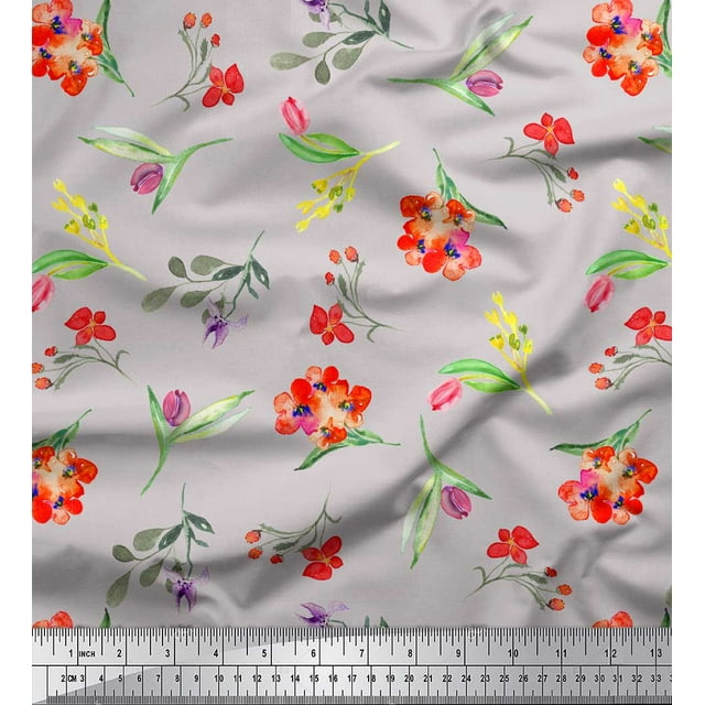 Soimoi Gray Poly Georgette Fabric Leaves & Tulip Floral Print Fabric by Yard 42 Inch Wide