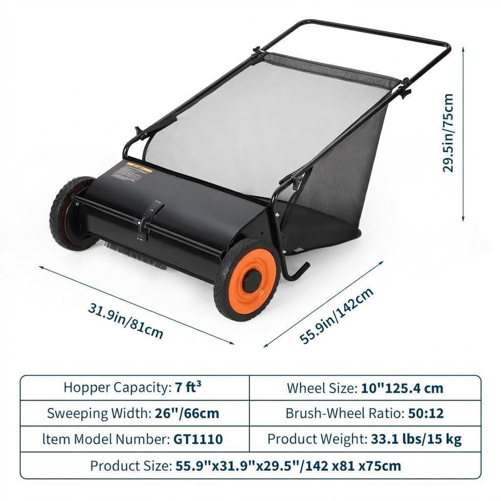 AIKKYS 26 Inch Heavy Duty Push Lawn Sweeper with 4 Spinning Brushes,Steel Frame 7 Cu. Ft. Leaf & Grass Collector,Adjustable Height,Black-Orangre Wheels