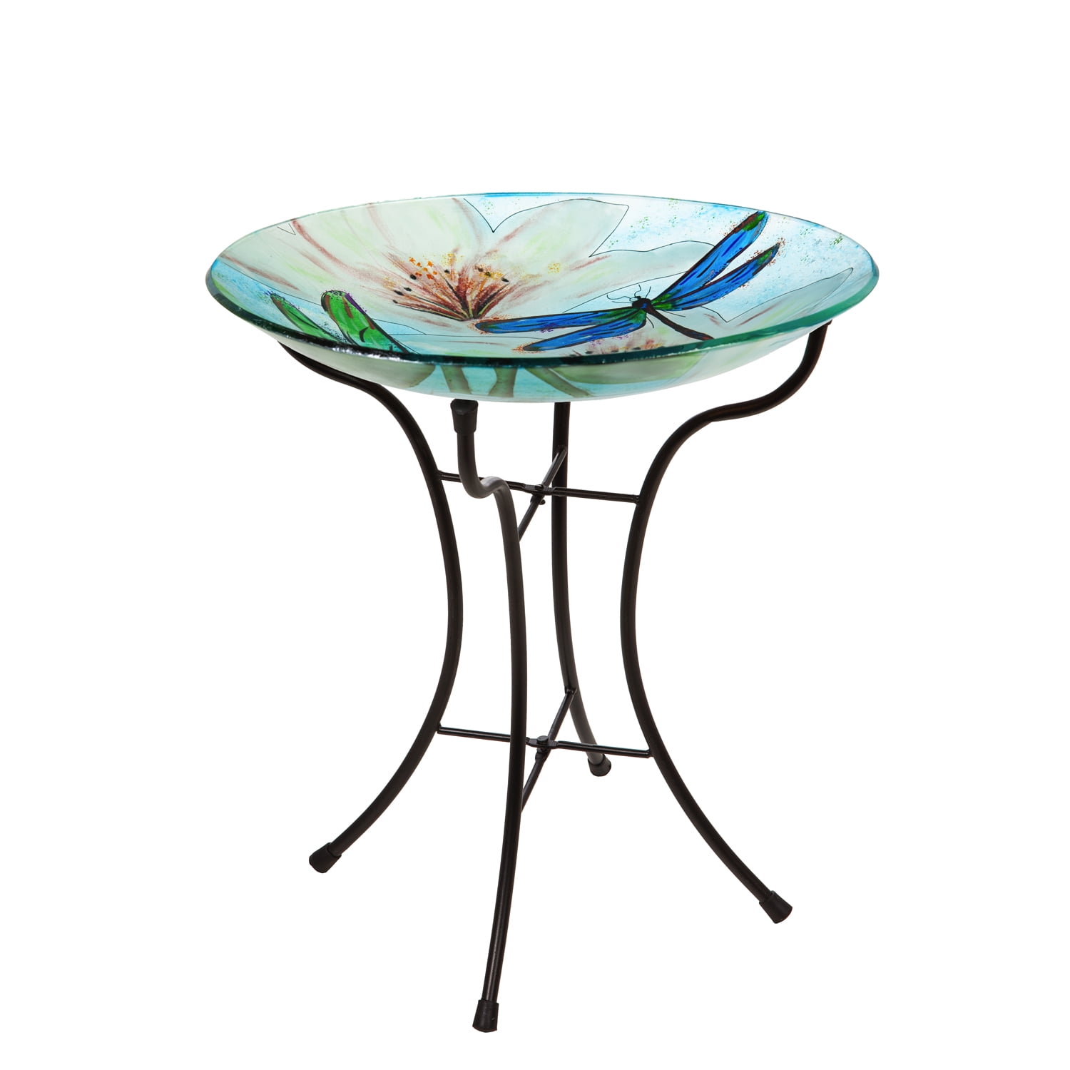 16" Glass Bird Bath w/Stand, Resting Dragonfly