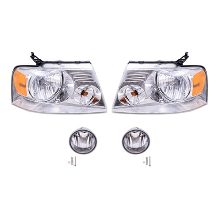 Brock Aftermarket Replacement Driver Left Passenger Right Headlights with Chrome Bezel and Round Fog Lights 4 Piece Set Compatible with 2006-2008 Ford F-150