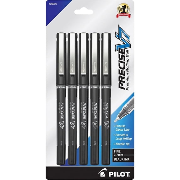 Pilot Precise V7 Fine Premium Capped Rolling Ball Pens Fine Pen Point - 0.7 mm Pen Point Size - Black - Black Barrel - 5 / Pack