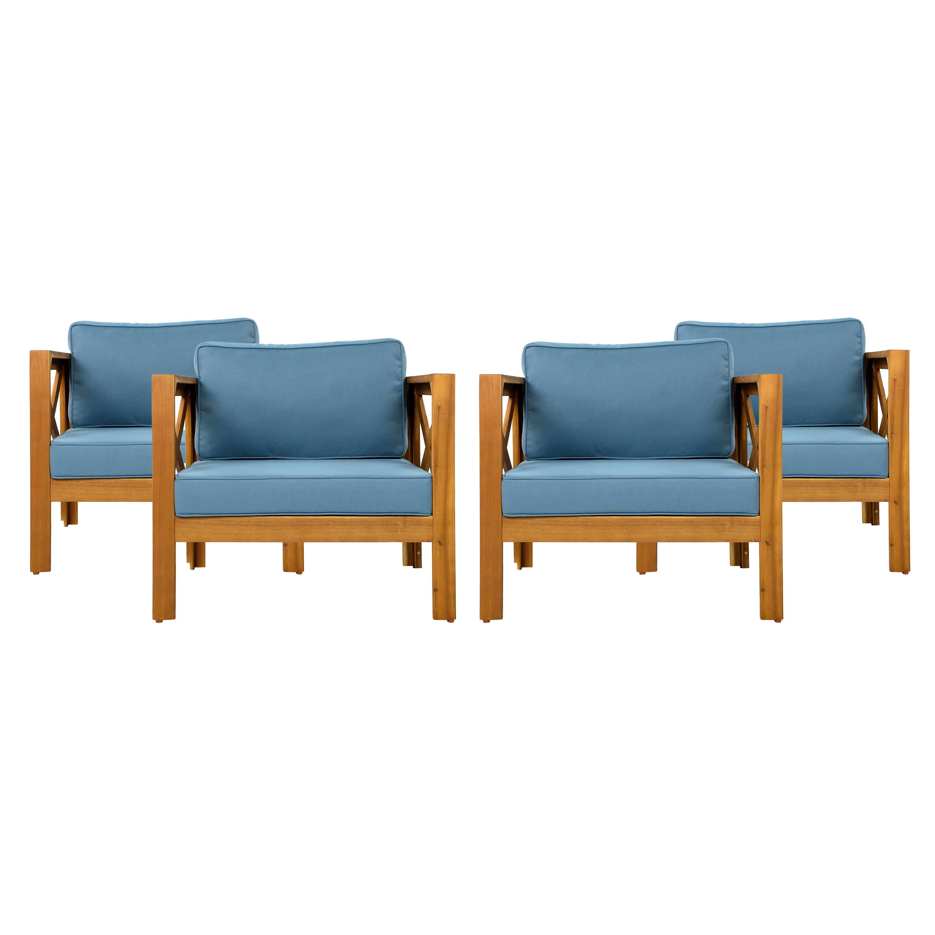 Wooden Armchair Set of 2, Outdoor Acacia Wood Club Chair with Cushions for Patio Garden, Teak and Blue