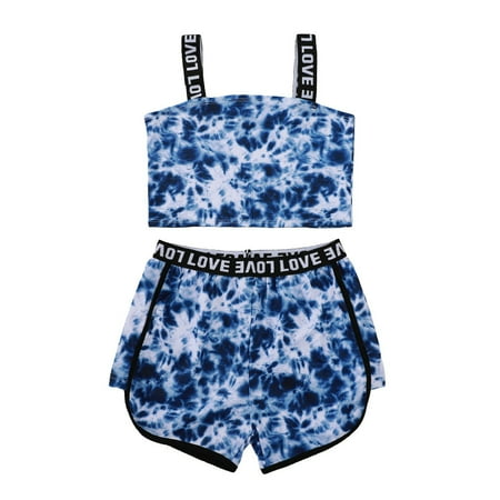 

DNDKILG 可用词 Girls Sleeveless Letter Print Clothes Set Summer Cami Top and Shorts Set Outfits with Blue 3Y-8Y 120
