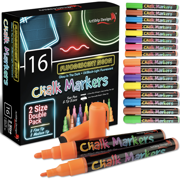 16 Marqueurs de Craie Néon Fluorescents UV Phosphorescents - Double Paquet de Stylos de Craie Liquide Extra Fins et à Pointe Moyenne