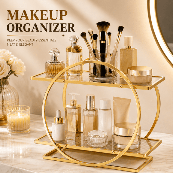 MEYRKLOE 2-Tier Makeup Organizer for Vanity, Gold Acrylic Metal Perfume Skincare Cosmetic Storage Shelf for Bathroom Countertop, Large Capacity