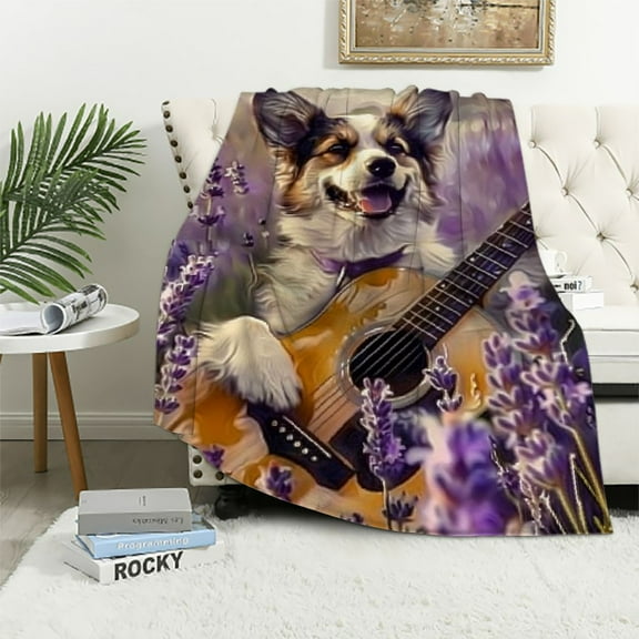 BCIIG Cartoon Corgi Kids Throw Blanket,Cute Dog Puppy Rustic Animal Guitar Music Bed Blanket for Boys Girls,Lavender Flowers Romantic Fleece Blanket,Purple Fuzzy Blanket,Baby Size   40x50in