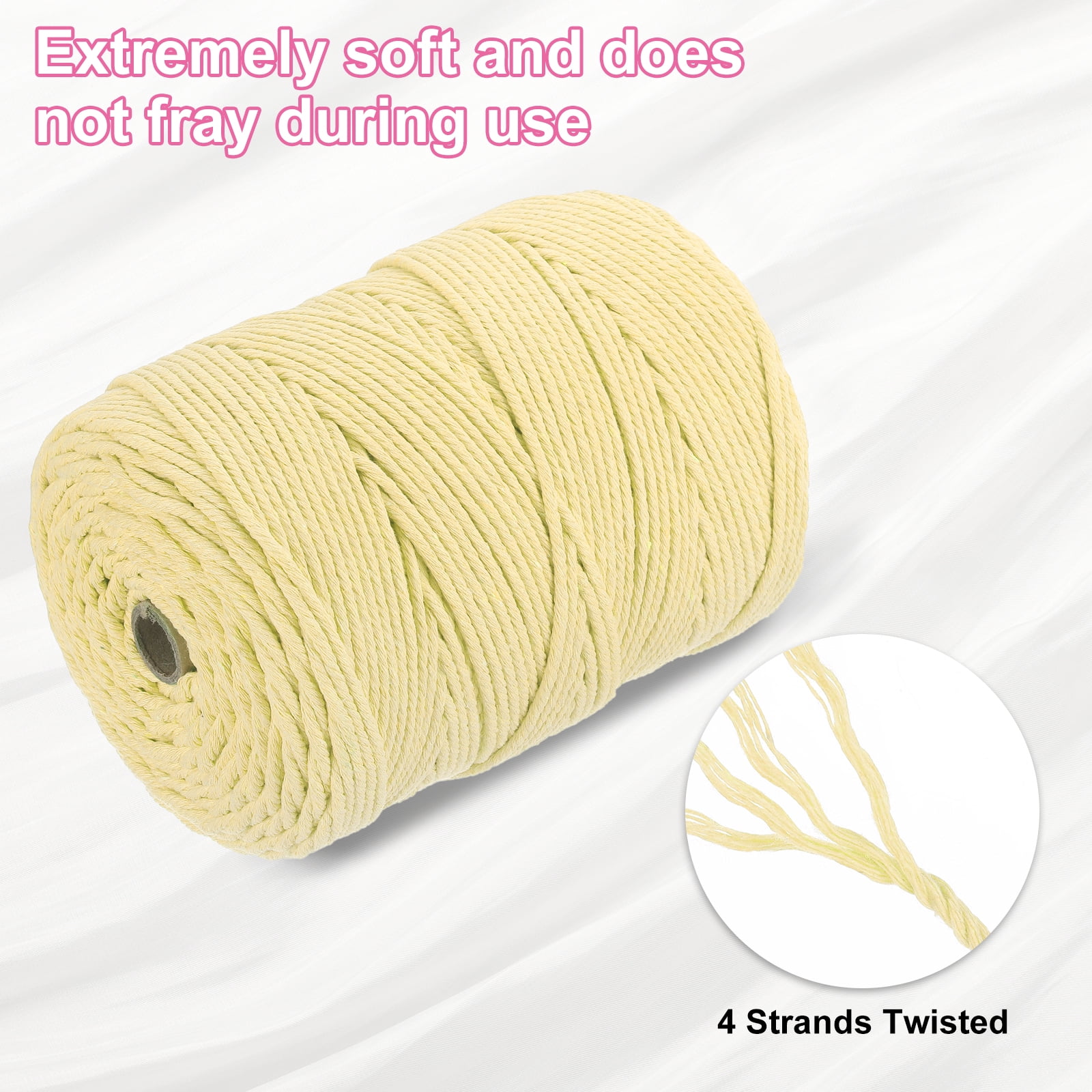 Uxcell Natural Macrame Cord 3mm x 328 Yards 4-Strand Twisted Cotton Macrame Rope for DIY Knitting Plants Wall Dreamcatcher, Light Yellow