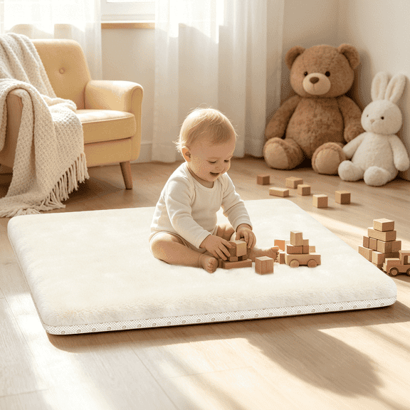 Baby Play Mat for Floor, Playpen for Babies and Toddlers, Soft Coral Velvet, Non-Slip Bottom Helps Cushion for Tummy Time, 50×50, Apricot