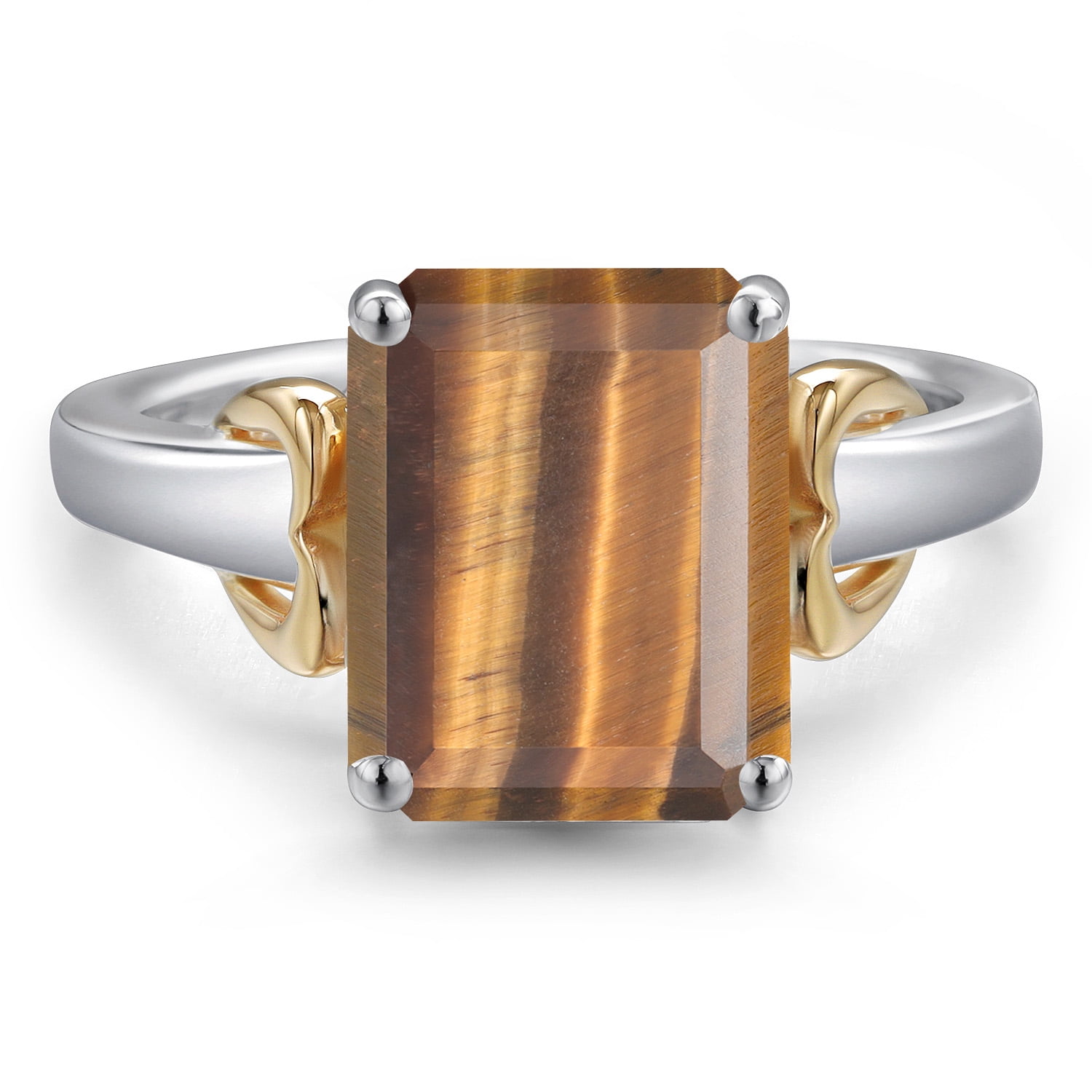 Gem Stone King 925 Silver and 10K Yellow Gold Brown Tiger Eye Solitaire Engagement Ring for Women | 3.00 Cttw | Emerald Cut 10X8MM | Gemstone Birthstone | Size 8