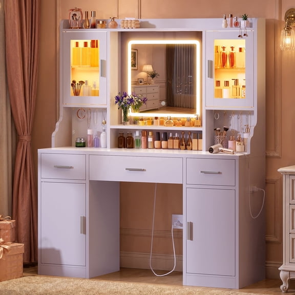 TEENFON Vanity Set with RGB LED Mirror and Charging Station, Makeup Vanity Desk with 3 drawers and 2 cabinets, Vanity Table for Bedroom, White