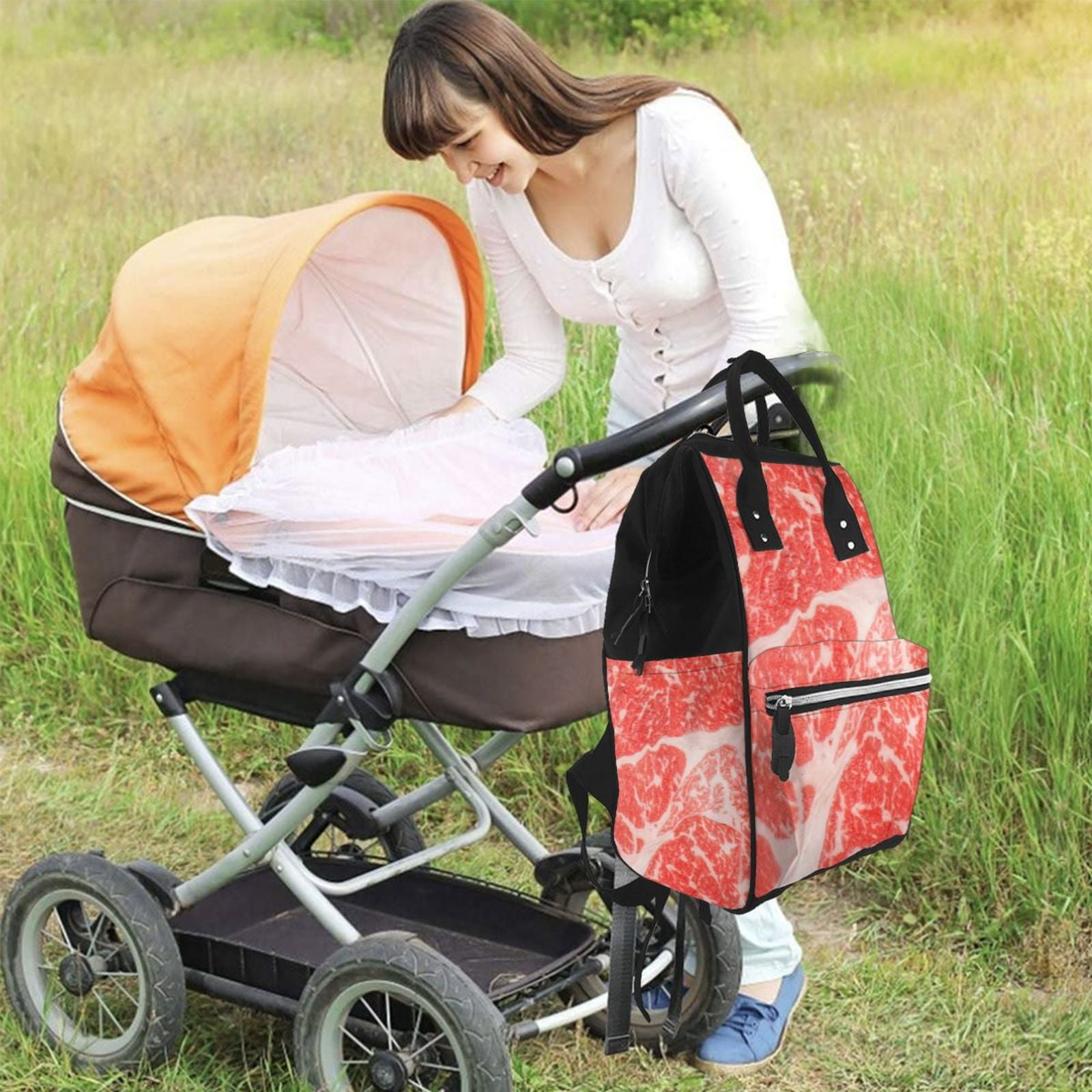 Ratiio Beef Steaks Mummy Backpack - Waterproof Twill Canvas, Large Capacity Diaper Bag with Multiple Pockets and Adjustable Straps