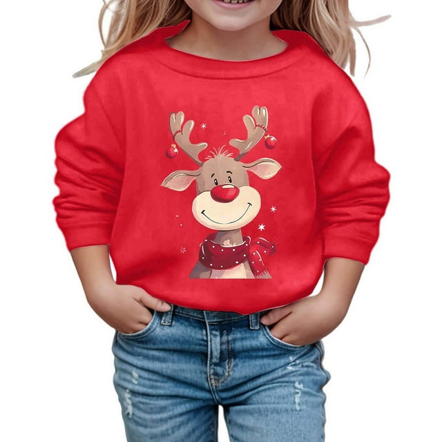 FYEGRE Chandail Vintage de Noël pour Filles, Manches Longues, Col Rond, Chandail Douillet à Enfiler pour le Confort des Fêtes et le Port Quotidien, Rouge, 5-6 Ans