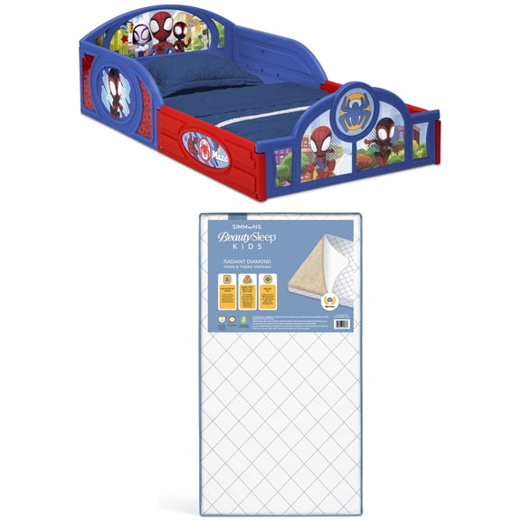 Marvel Spidey and His Amazing Friends Sleep and Play Toddler Bed with Built-In Guardrails & Simmons BeautySleep Kids Radiant Diamond Crib and Toddler Mattress, Waterproof, Extra Firm