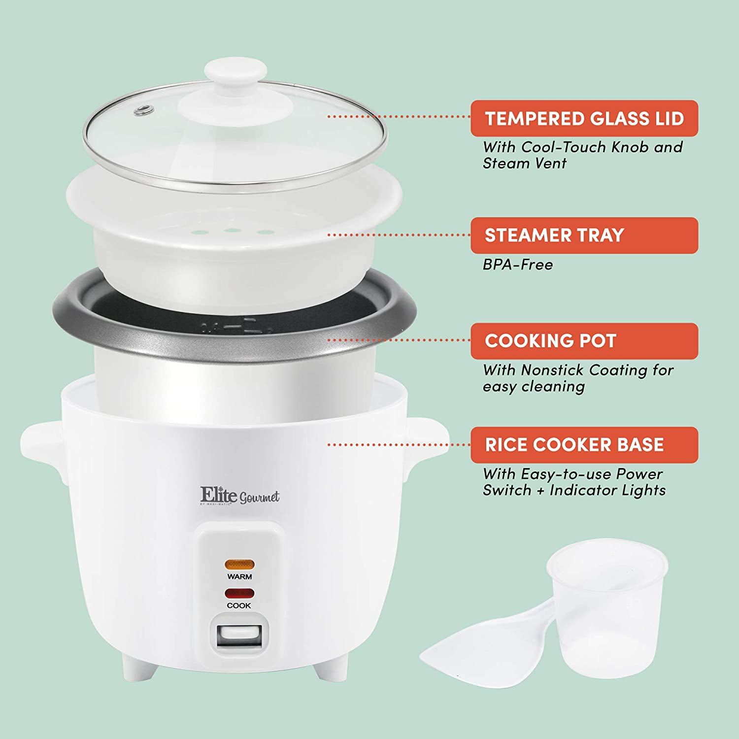 Elite Gourmet 6 Cup Non-Stick Rice Cooker with Steam Tray ERC