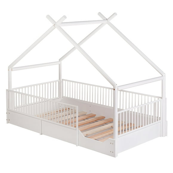 Cama Chalet Montessori De Madera Con Barandales Removibles