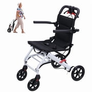 Mohsoe Travel Wheelchair Foldable 13.66LB, Ultra Light Aluminum Alloy Frame, 180LB Weight Capacity, Big PU Tires Shock-Absorbing, 360° Swivel Casters, Flip-Up Armrest, 29 x 19 x 34 Inch